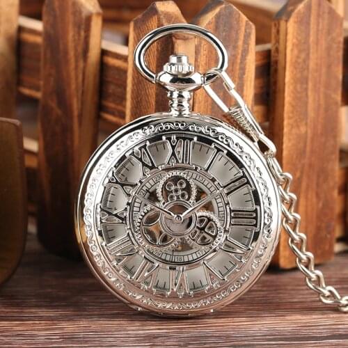 Silver Hollow Gear Mechanical Hand Winding Pocket Watch Chain Clock Luxury Crown Pointers Roman Numbers Elegant Clock Top Gifts