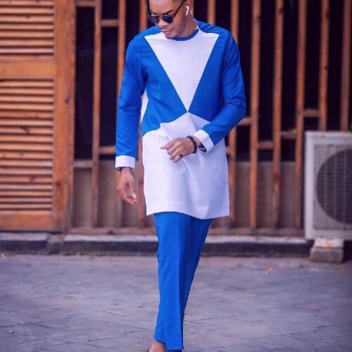 Royal Blue And White Patchwork Mens Shirts+Solid Trousers Cotton Set Clothing African Fashion Half Sleeve Top Patch Long Pant