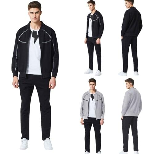 Mens Silk Cotton Long Sleeve Sport Two-Piece Zipper Contrast Print Line Suit 2021 Mens Casual Sports Suit Chandal Hombre F