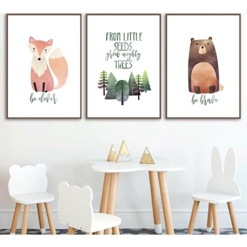 Woodland Animal Bear Fox Print Be Brave Be Clever Quotes Nursery Wall Art Canvas Painting Cartoon Nordic Poster Baby Room Decor