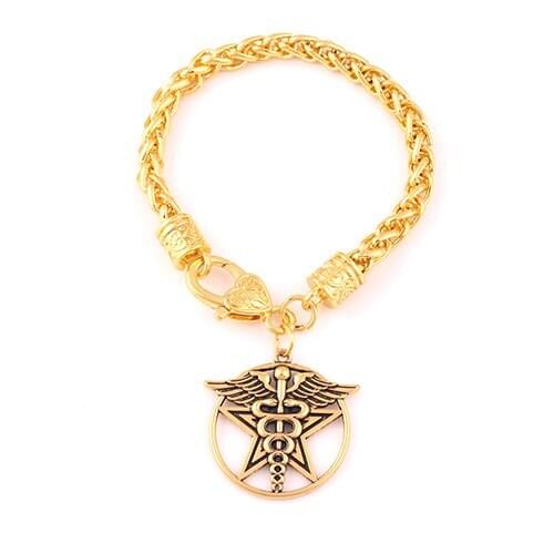 New Arrival Winged Staff With Snakes Pentagram Pendant Caduceus Medical Symbol Healers Wheat Chain Bracelet