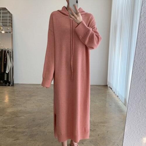 Autumn Winter basic hooded long Sweater dress women loose Thick maix dress Female robe chic knit straight Split dress