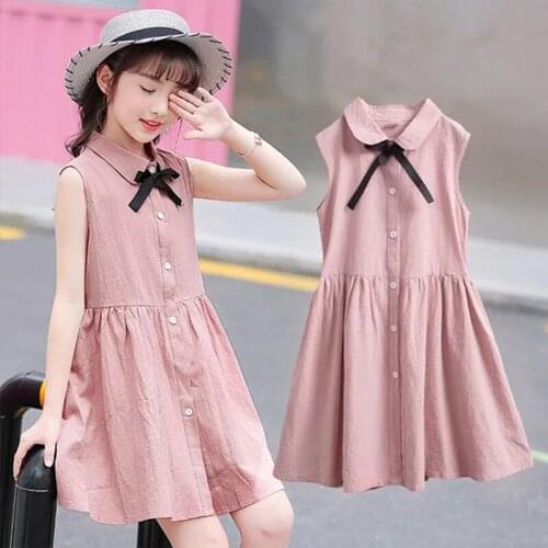 Girl Princess Dress Summer Kids Girl Blouse Dress Solid Sweet Children Party Suits Bow Sleeveless Costume Children Clothing 2021