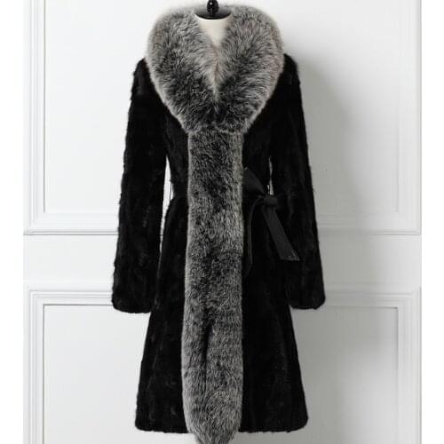 Luxury Mink Coat Female 2020 Women Long Coats from Natural Large Fox Fur Collar Womens Winter Jacket 21019