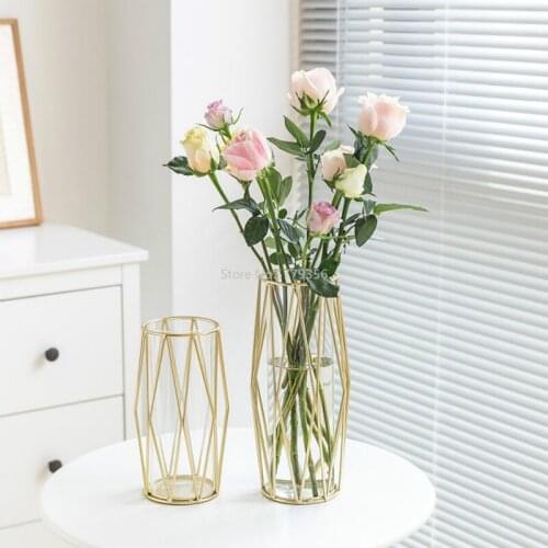 Luxury Transparent Glass Vases with Metal Golden Small Vase Geometric Hydroponic Vase Home Room Flower Decoration Ornaments