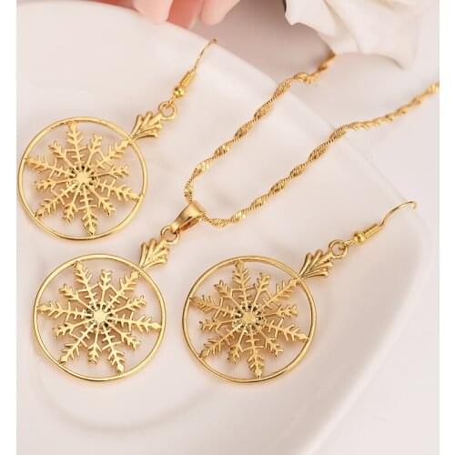 9 k Yellow Solid G/F Gold Snowflake Leverback Earrings Pendants Necklaces Fashion Lever Back Drop Dangle Holiday