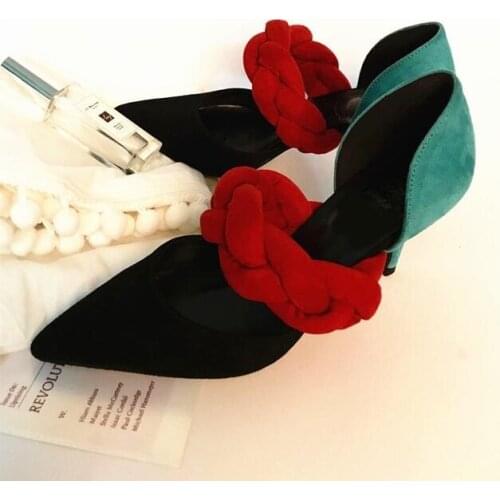Red Braided Rope Patchwork Women Pumps Pointed Toe Mixed Colors Pointy Toe High Heel Dress Shoes 9MM Low Cut Velvet Banquet Shoe