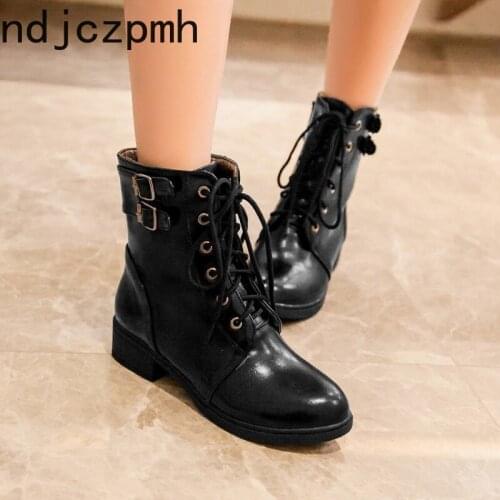 Womens Boots New Winter Fashion Round Head Lace-up Low-heeled Comfortable Short Tube Martin Women Shoes Plus Size 34-43 Black