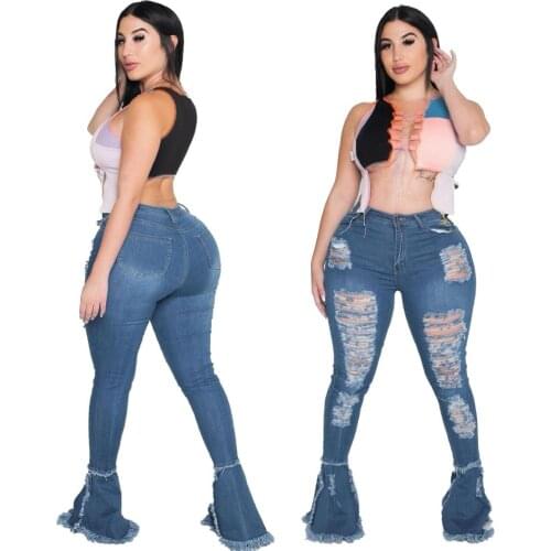 2020 Autumn Women Solid Ripped Bell-bottomed Jeans Lady High Waist Skinny Hollow Out Tassels Sexy Nightclub Denim Flared Pants