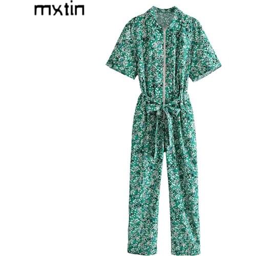 MXTIN 2021 Women Summer Vintage Floral Print Bow Tie Sashes Playsuits Fashion Lapel Collar Short Sleeve Female Casual Jumpsuits