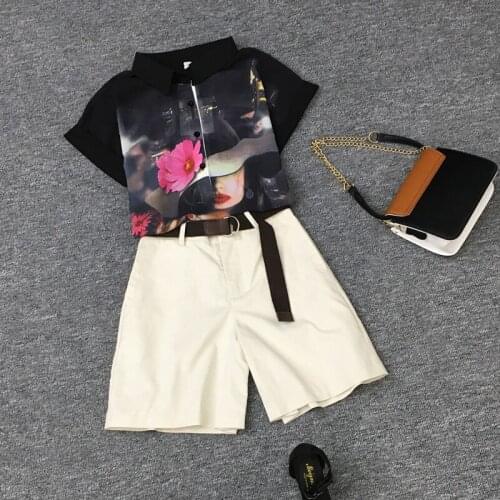 2021 Summer 2 Pieces Suits Girl Print Chiffon Blouse Shirt Women Tops + Shorts Set Womens Two Piece Set Tracksuit With Belt