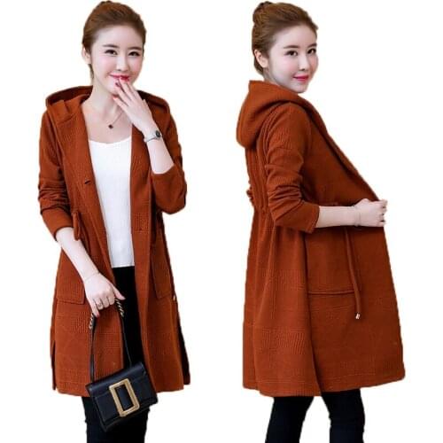 Women large size spring autumn knit cardigan Women Korean version of the long hooded knit cardigan Women slim wild sweater L-5