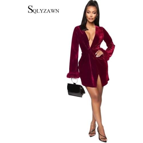 Sexy Velvet Long Sleeve Side Split Mini Dress Female Fall Winter Fur Patchwork Christmas Vestidos Elegant Party Bodycon Dress