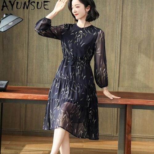AYUNSUE High Quality 100% Real Silk Dress Woman Spring Summer Dress 2021 Elegant Floral Dresses for Women Midi Vestido De Mujer
