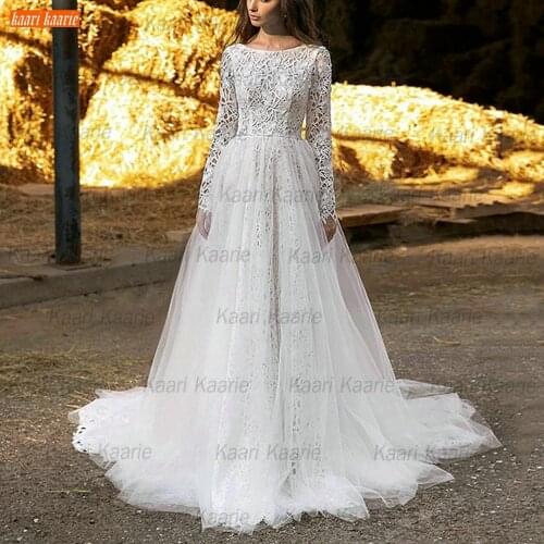 Lace Long Sleeves Wedding Dresses 2021 Boho Robe De Mariée A Line Tulle Vestidos De Novia Sexy Backless Dubai Beach Bridal Gowns
