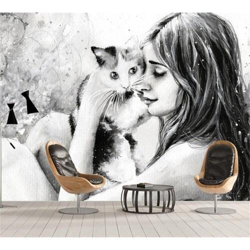 Beibehang Modern fashion new wallpaper black and white hand-painted woman and cat living room background wall custom mural