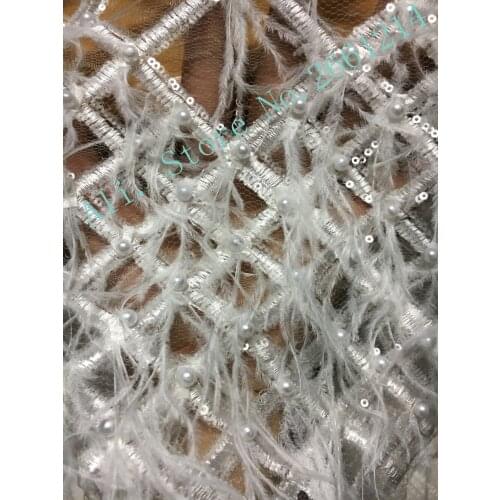White color luxury feather pearsl sequin embroidery lace mesh african fabric for Wedding bridal dress