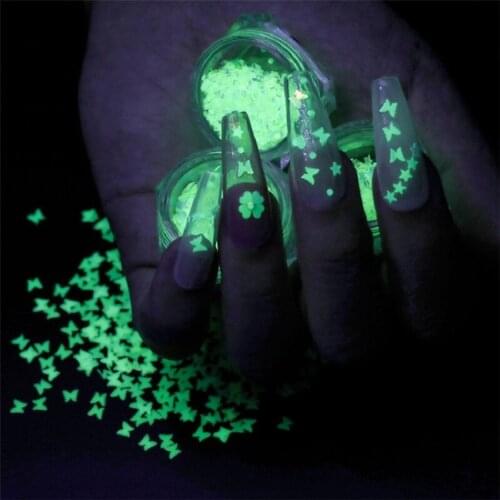 1 Box Nail Glitter Butterfly Star Heart Round Shape Sequins Glow In The Dark Fluorescent Luminous Flakes Slices Nails Decoration