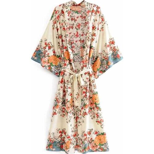 Boho Kaftan women dress floral print Kimono long Sleeve summer dress Sexy V-neck Belt Cardigan Rayon Dresses beach wear