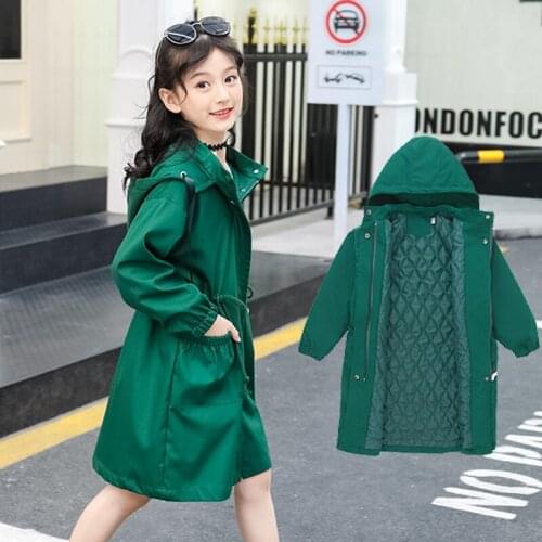 Kids Trench Coat with Hat Hooded Fashion Winter Outdoors Double Breasted Long Windbreaker Thick Coat Wool Green Outerwear Jacket
