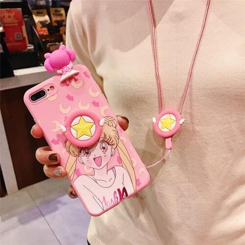 Funny Pink Sailor Moon For Samsung A6 A7 A8 A9 J4 J6 J8 Plus A30s A51 A71 A50 A20 A30 Case TPU Soft Phone Strap Rope Case