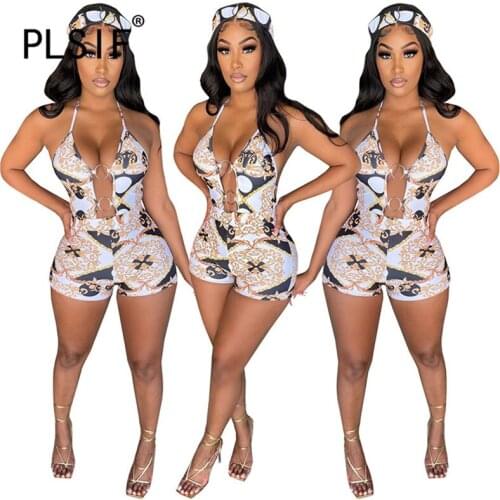 European V Neck Print Romper Summer Sleeveless Casual Overalls Skinny Sexy Club Body Mujer