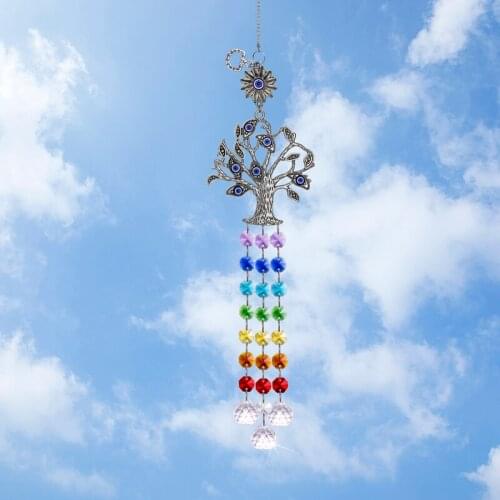 H&D Hanging Crystal Ball Prism Octagonal Beads Suncatcher Blue Evil Eye Tree Shaped Pendant Rainbow Maker Home Garden Decor
