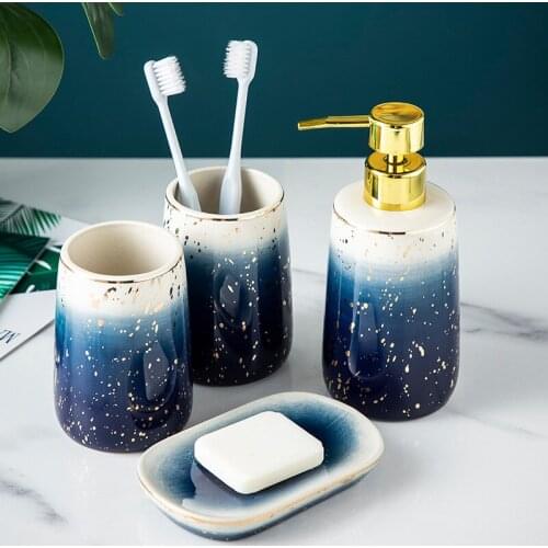 Ceramic Bathroom 4-piece Set Bathroom Mouthwash Cup/soap Dish/press Type Lotion Bottle/storage Tray Desktop Decoration for Gift