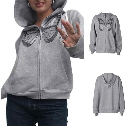 Fashion Oversized Butterfly Graphic Rhinestone Zipper Hoodie Streetwear Gray Long Coat Autumn