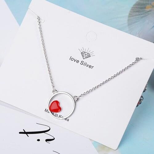 925 Sterling Silver Fashion Red Drop Glaze Circle Heart Pendant Necklace Clavicle Chain Necklace For Party Trendy Jewelry S-N309