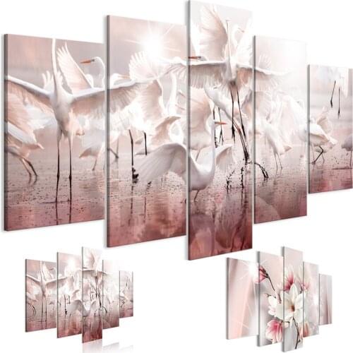 5 Pieces White Pink Wall Art Taking Off Birds Canvas Painting Magnolias Posters and HD Prints Modular Pictures for Living Room
