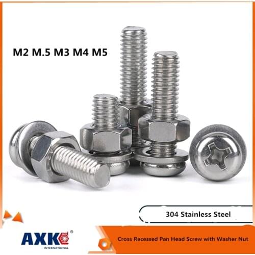 304 Stainless Steel screw Sets Cross Recessed Pan Head Screw with Washer Nut M2 M2.5 M3 M4 M5 Three Combination Machine screw