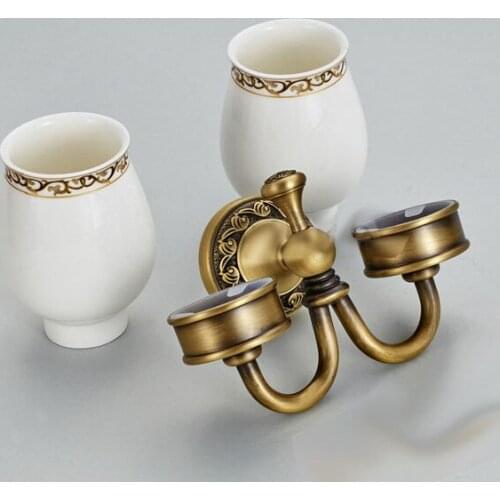 Wall Mounted Vintage Retro Antique Brass Bathroom Toothbrush Holder Set Bathroom Accessory Dual Ceramic Cup mba495