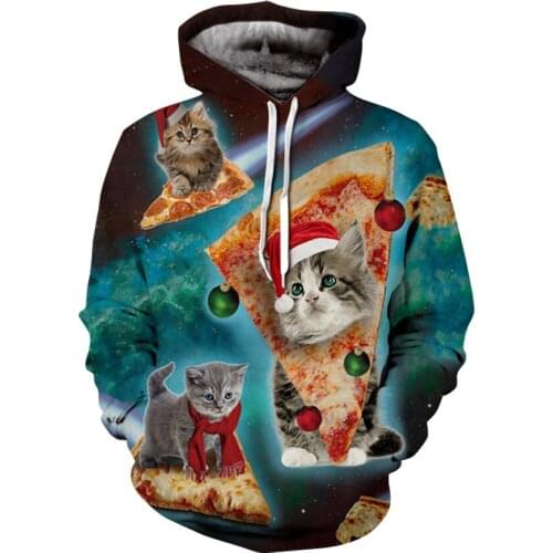 2021 new mens 3d hoodie funny cat eating pizza hooded sweater fashion street men/women hooded mens sweater
