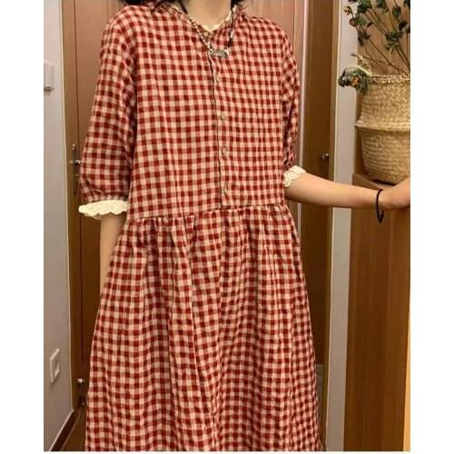 Mid-Length Cotton Linen Plaid Dress WomenS Lace Collar Lace Embroidery Hem Loose Knee-Length Dress