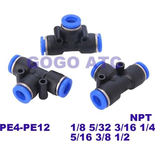 NPT inch air pipe joint PE 1/8 5/32 3/16 1/4 5/16 3/8 1/2 equal diameter positive three-way pneumatic quick connector
