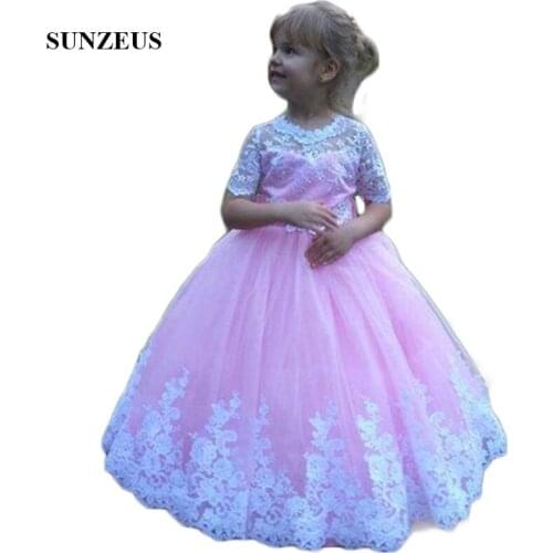 Pink Tulle Ball Gown Flower Girls Dresses Half Lace Sleeve Wedding Party Gowns for Children Back Bow sukienki komunijne