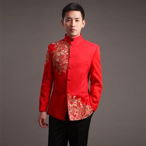 Modern Cheongsam Top Vestido Oriental Traditional Groom Qipao Red Embroidery Chinese Clothes Men Tunic Suit Traditionnel Chinois