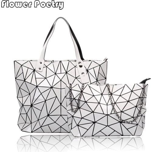 2 Set Mate Tote Handbag Solid Color Holographic Geometric Women Chain Shoulder Bag High Quality Leather Female Crossbody Bags