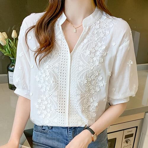 Short Sleeve V-neck Lantern Sleeve Womens Clothing Fashion Summer Blouse Women 2021 Embroidery Cotton White Shirts Blusas 14204