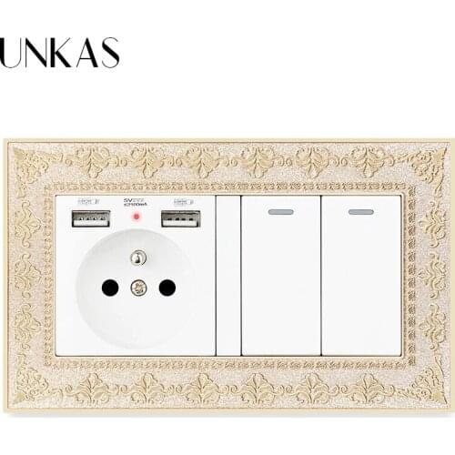 UNKAS French Socket Dual USB Port + 2 Gang 1 / 2 Way On / Off Light Switch Soft LED Embossing Retro 4D Zinc Alloy Metal Panel