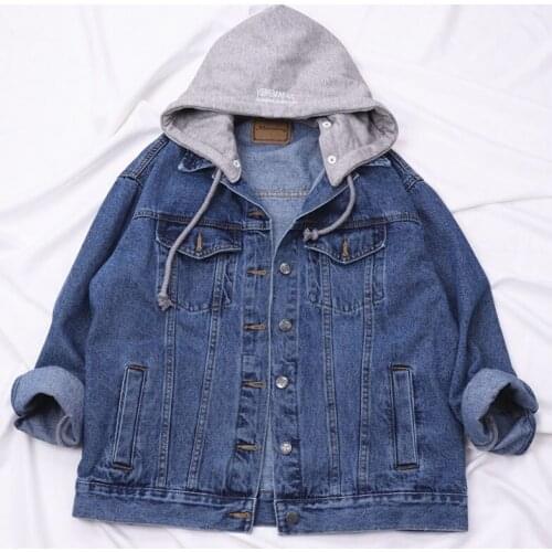 Autumn 2021 Korean Washed Black Loose Removable Hooded Women Denim Jacket Couple Plus Size Fashion Bomber Jacket Vetement Femme