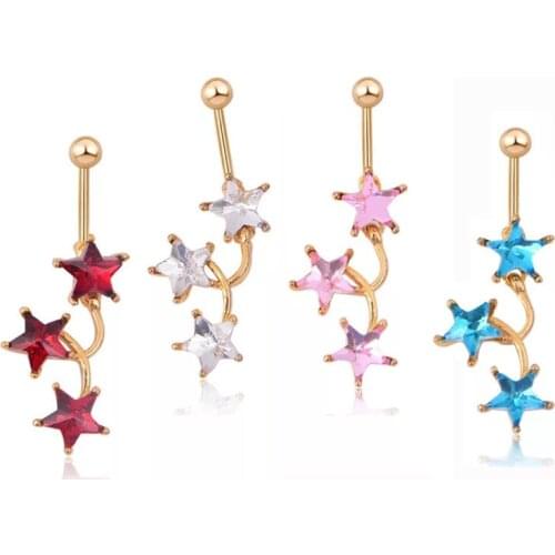 Fashion Pink Pentagram Women Sexy Belly Button Body Piercing Crystal Surgical Steel Navel Ring Jewelry Party Gift Summer Style