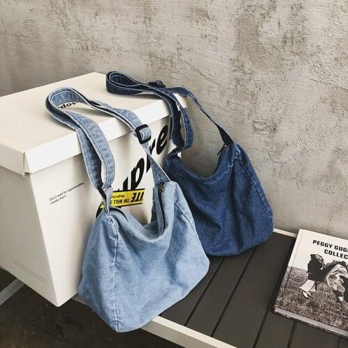 Female Schoolbag Large Capacity Travel Bag Canvas Women Bags Washed Denim Shoulder Bag Wide Shoulder Strap Crossbody Bag