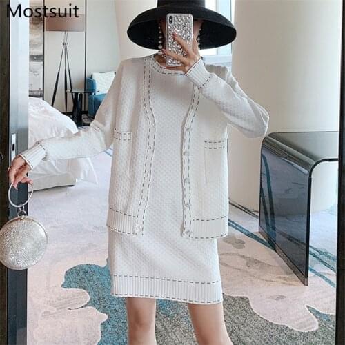 2020 Autumn Korean Elegant Fashion Knitted Two Piece Sets Women Single-breasted Cardigan + Short Sleeve Mini Dress Suits Outfits