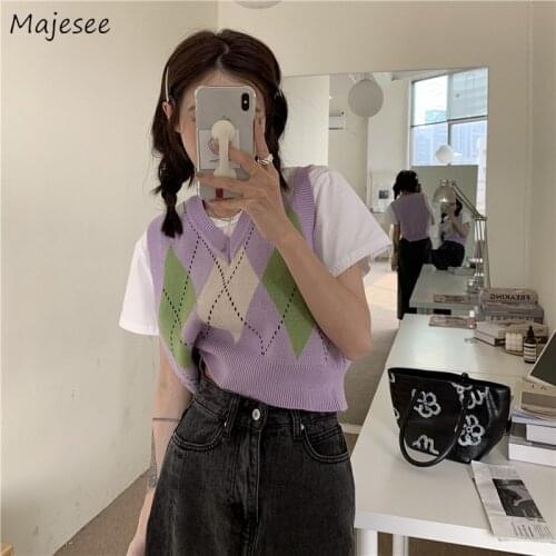 Sweater Vests Women Knitting Korean Style New Girlish Streetwear V-neck Argyle College Version Retro All-match Daily Chic Mujer