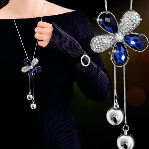 Fashion Necklace Women Jewelry Crystal Plum Blossom Long Necklaces & Pendants Silver Ketting Created Pearl Collier