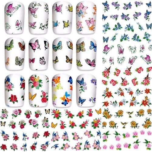 12 Sheets Flower Butterfly Water Transfer Nail Art Decorations Sticker Decals Manicure Nails Supplies Tool