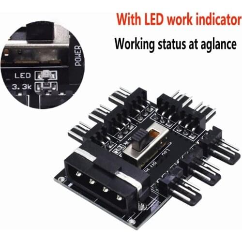 20 Pcs Gdstime High Low Speed Adapter D Type 4Pin Molex to 8 x 3Pin Fan HUB Expantion Card with 3M Tape Black