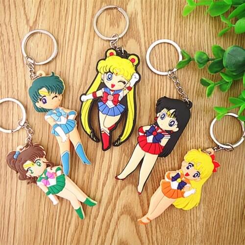 5pcs/set Anime Cartoon Sailor Moon Keychain Sailor Moon Mercury Mars Jupiter Venus PVC Figure Keyring Pendants Toys